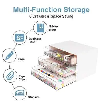 Comix Desk Organizer with 6 Drawers, Rectangular Desktop Drawers, Plastic Makeup Storage, Desk Organizer and Accessories, Detachable Design, Suitable for Office, School, Home (White)
