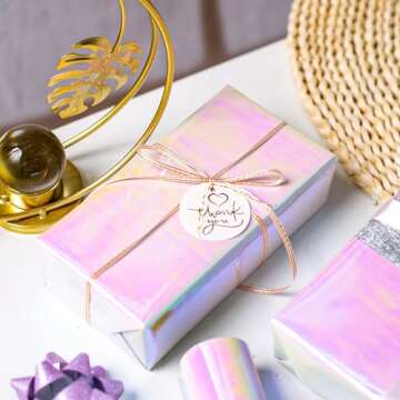 Burymento Holographic Iridescent Shiny Sparkle Metallic Glitter Pink Gift Wrapping Paper for Birthday, Valentines, Mothers day, Graduation, Wedding, Fathers day, Christmas (17 IN x 32.8 FT)