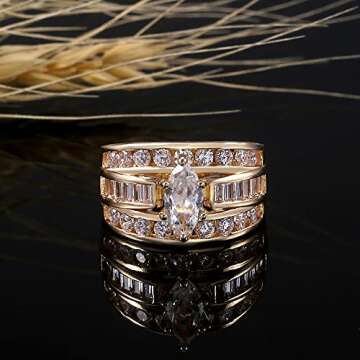 18K Yellow Gold Plated Luxury Marquise Cut Cubic Zirconia CZ Shiny Full Diamond Multi Row Eternity E...