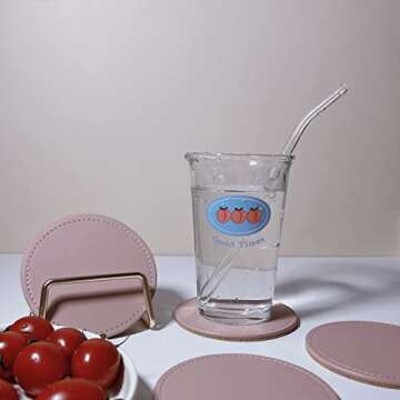 Drawwind Coaster Set of 6 with Metal Holder, Leather Coasters for Drinks with Cork Base, Pink Coaster for Coffee Table, House Warming Gift for New Home Decor