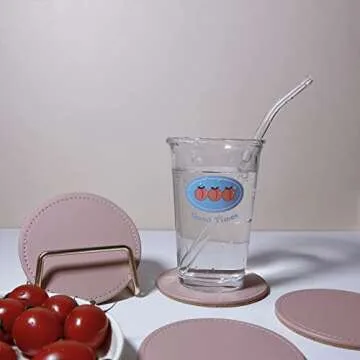 Drawwind Coaster Set of 6 with Metal Holder, Leather Coasters for Drinks with Cork Base, Pink Coaster for Coffee Table, House Warming Gift for New Home Decor