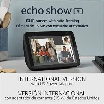 Echo Show 8 (2nd Gen, 2021 release) | International Version with US Power Adaptor | HD smart display with Alexa and 13 MP camera | Charcoal
