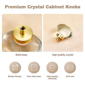 CLCTK 4 Pack Glass Cabinet Knobs and Pulls, Oval Crystal Knobs for Dresser Drawers, Satin Brass/Gold Kitchen Cabinet Knobs Egg Shape
