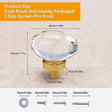 CLCTK 4 Pack Glass Cabinet Knobs and Pulls, Oval Crystal Knobs for Dresser Drawers, Satin Brass/Gold Kitchen Cabinet Knobs Egg Shape