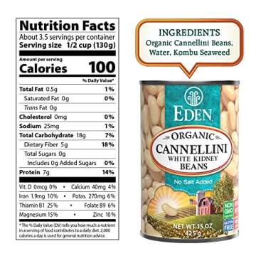 Eden Organic Cannellini Beans, 15 oz Can (6-Pack), No Salt Added, Non-GMO, Gluten Free, Vegan, Kosher, U.S. Grown, Heat and Serve, Macrobiotic, White Kidney Beans, Italian White Beans, Fagioli, Italian Kidney Bean