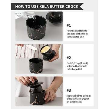 XELA Ceramic Butter Crock, French Butter Dish for Counter - Black Golden