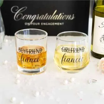 Newlywoo Engagement Gifts for Couples — Engagement Gifts for Newly Engaged Couples, Unique Fiance Gifts for Him or Her! Whiskey Wine Glasses with Diamond Wine Stopper