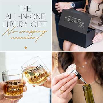 Newlywoo Engagement Gifts for Couples — Engagement Gifts for Newly Engaged Couples, Unique Fiance Gifts for Him or Her! Whiskey Wine Glasses with Diamond Wine Stopper