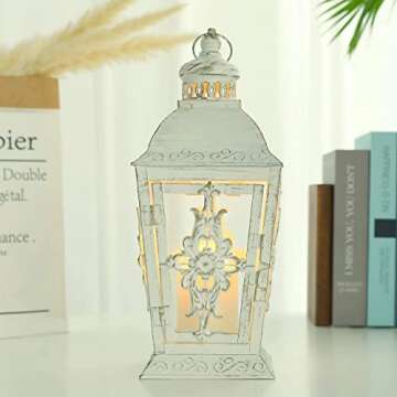 JHY DESIGN Decorative Candle Lantern -13'' High Metal Candle Holder Or Vintage Style Hanging Lantern for Indoor Outdoor Events Parities Weddings(White with Gold Brush)