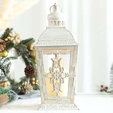 JHY DESIGN Decorative Candle Lantern -13'' High Metal Candle Holder Or Vintage Style Hanging Lantern for Indoor Outdoor Events Parities Weddings(White with Gold Brush)