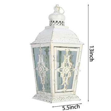 JHY DESIGN Decorative Candle Lantern -13'' High Metal Candle Holder Or Vintage Style Hanging Lantern for Indoor Outdoor Events Parities Weddings(White with Gold Brush)