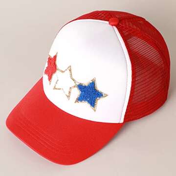 MIRMARU Retro Foam Mesh Trucker hat Trendy Design Summer Baseball Cap for Womens (US, Alpha, One Size, Chenille Glitter Americana Stars - Red)