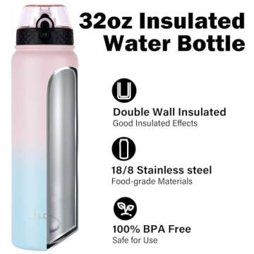 Oldley Insulated Water Bottle 32oz Water Bottles with Straw, Stainless Steel Water Bottle with 3 Lids, Double Wall Vacuum Bottles for Adult, Sports Bottles for School Travel, Light Pink-Blue