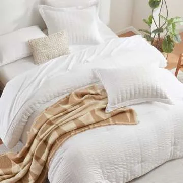 CozyLux King Comforter Set 7-Pieces White Seersucker Bedding