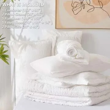 CozyLux King Comforter Set 7-Pieces White Seersucker Bedding