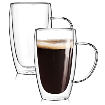 2-Pack 15 Oz Double Walled Glass Coffee Mugs with Handle, Large Insulated Layer Coffee Cups, Clear B...