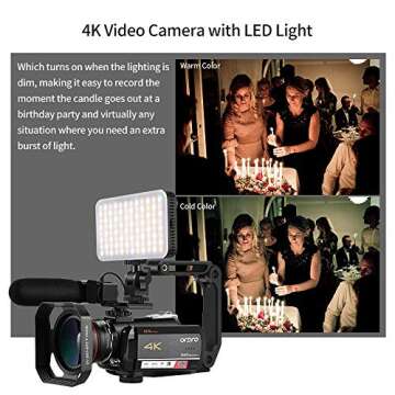 ORDRO 4K Video Camera Camcorder AC5 UHD Camcorder with 12x Optical Zoom 3.1" IPS HD 1080P 60FPS Digital WiFi Vlog Camera Camcorder with Microphone, Video Light, Wide Angle Lens and 64G Card