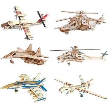 3D Wooden Aircraft & Helicopter Puzzle Set - 6 Pieces