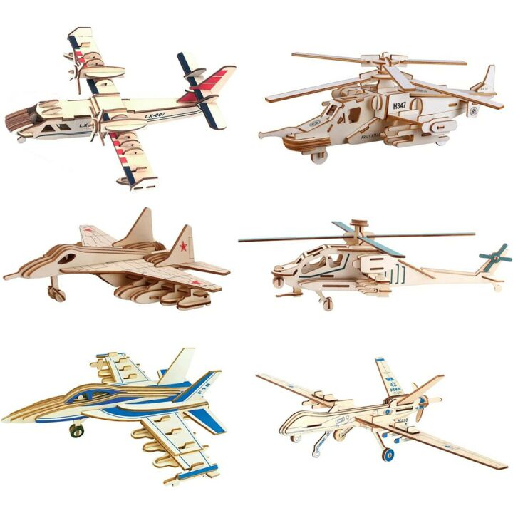 3D Wooden Aircraft & Helicopter Puzzle Set - 6 Pieces