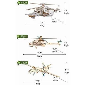 3D Wooden Aircraft & Helicopter Puzzle Set - 6 Pieces