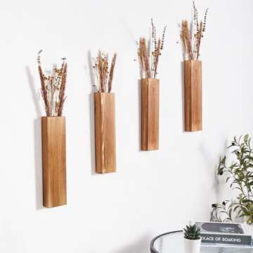 Mokof 4-Pack Wood Wall Planters for Fake Plants and Dried Flowers - Boho Farmhouse Wall Decor for Living Room, Bedroom, Bathroom, Office - Wood Wall Vases Hold Faux Eucalyptus Stems for Home Decor