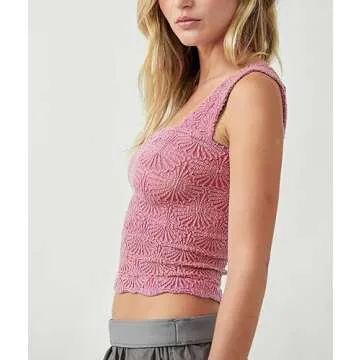 Women's Square Neck Wide Strap Crop Tank Tops Spring Going Out Tops Slim Fit Lettuce Trim Crop Cami Hot Pink, XS/S