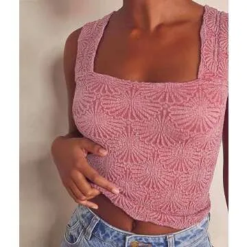 Women's Square Neck Wide Strap Crop Tank Tops Spring Going Out Tops Slim Fit Lettuce Trim Crop Cami Hot Pink, XS/S