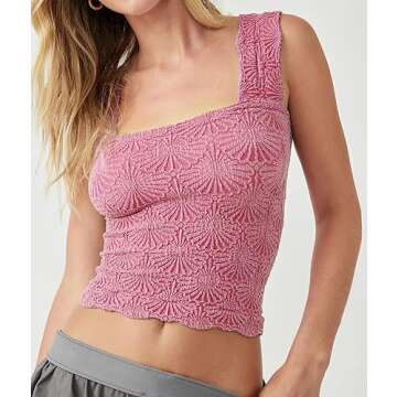 Women's Square Neck Wide Strap Crop Tank Tops Spring Going Out Tops Slim Fit Lettuce Trim Crop Cami Hot Pink, XS/S