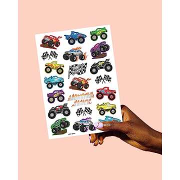 xo, Fetti Monster Truck Party Supplies Temporary Tattoos - 42 Metallic Styles | Trucks, Big Cars, Finish Lines + Flames