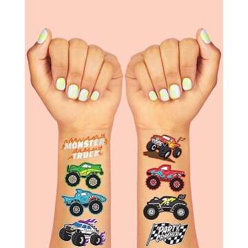 xo, Fetti Monster Truck Party Supplies Temporary Tattoos - 42 Metallic Styles | Trucks, Big Cars, Finish Lines + Flames