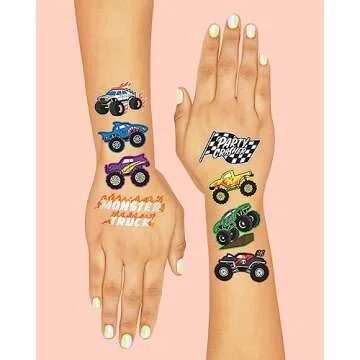 xo, Fetti Monster Truck Party Supplies Temporary Tattoos - 42 Metallic Styles | Trucks, Big Cars, Finish Lines + Flames