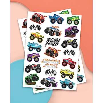 xo, Fetti Monster Truck Party Supplies Temporary Tattoos - 42 Metallic Styles | Trucks, Big Cars, Finish Lines + Flames