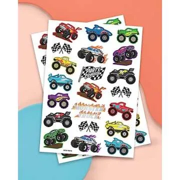 xo, Fetti Monster Truck Party Supplies Temporary Tattoos - 42 Metallic Styles | Trucks, Big Cars, Finish Lines + Flames