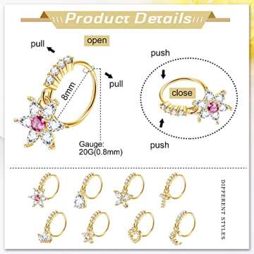 JOERICA 8 Pcs 20G Dangle Nose Rings Hoops for Women Butterfly Heart Moon Flower Cross CZ Dangle Nose...