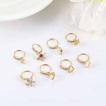 JOERICA 8 Pcs 20G Dangle Nose Rings Hoops for Women Butterfly Heart Moon Flower Cross CZ Dangle Nose Rings Cartilage Earring Dangling Nose Piercing Jewelry