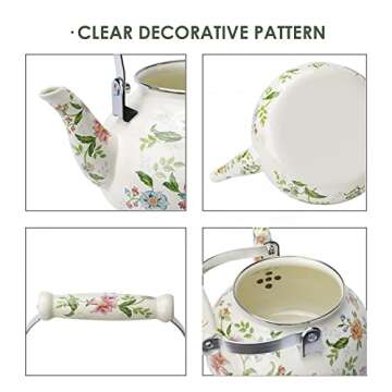 OLYTARU Enamel Teapot floral,Large Porcelain Enameled Teakettle,Colorful Water Tea Kettle pot for Stovetop,Small Retro Classic Design (style01 Growing)