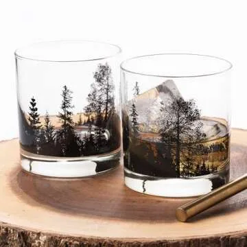 Black Lantern Whiskey Glass Set - Forest Landscape Old Fashioned Low-Ball Glasses - Drinking Glasses - Rock Glasses and Kitchen Glasses for Nature Lovers - Two Premium 11oz. Glasses