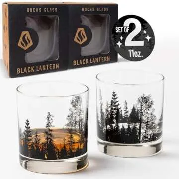 Black Lantern Whiskey Glass Set - Forest Landscape Old Fashioned Low-Ball Glasses - Drinking Glasses - Rock Glasses and Kitchen Glasses for Nature Lovers - Two Premium 11oz. Glasses