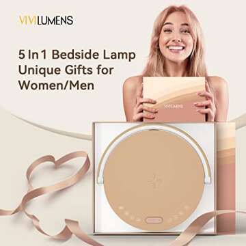Vivilumens Birthday Gifts for Women, 5 in 1 Bedside Lamps with Wireless Charger Bluetooth Speaker White Noise Machine, Dimmable Touch lamp with Phone Holder, Personalized Night Light (Rosy Beige
