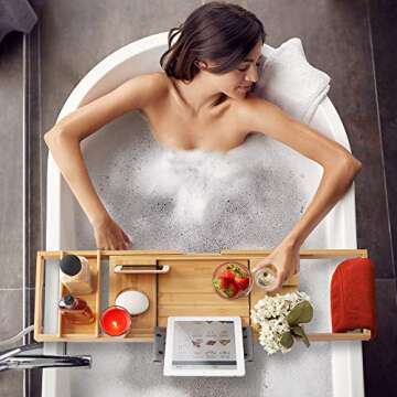 Casafield Bathtub Caddy - Bamboo Adjustable Bath Organizer for Tablet, Book, Phone, Wine Glass, Candles and Soap - Expandable Spa Tray Fits Most Tubs