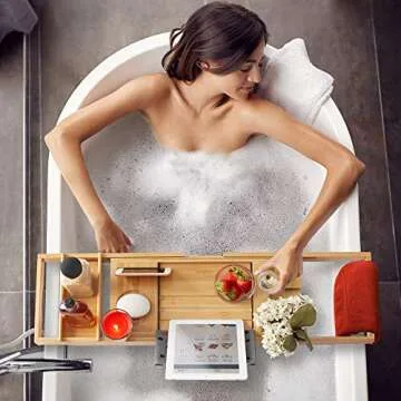 Casafield Bathtub Caddy - Bamboo Adjustable Bath Organizer for Tablet, Book, Phone, Wine Glass, Candles and Soap - Expandable Spa Tray Fits Most Tubs