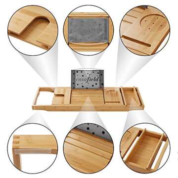 Casafield Bathtub Caddy - Bamboo Adjustable Bath Organizer for Tablet, Book, Phone, Wine Glass, Candles and Soap - Expandable Spa Tray Fits Most Tubs
