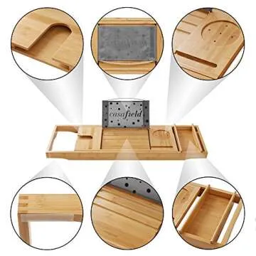 Casafield Bathtub Caddy - Bamboo Adjustable Bath Organizer for Tablet, Book, Phone, Wine Glass, Candles and Soap - Expandable Spa Tray Fits Most Tubs