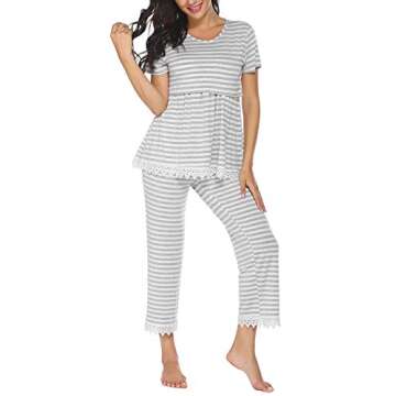 Ekouaer Maternity Nursing Pajama Set Top & Pants with Pockets Breastfeeding Sleepwear Double Layer Pregnancy Grey S