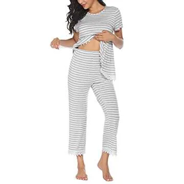 Ekouaer Maternity Nursing Pajama Set Top & Pants with Pockets Breastfeeding Sleepwear Double Layer Pregnancy Grey S