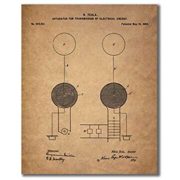 BigWig Prints Tesla Patent Wall Art - Vintage Nikola Tesla Blueprint Prints, Inventor Poster Set, Sc...