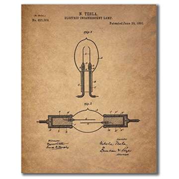 BigWig Prints Tesla Patent Wall Art - Vintage Nikola Tesla Blueprint Prints, Inventor Poster Set, Scientific Wall Decor for Home or Office, Historical Artwork - Unframed Set of 6 (8x10)