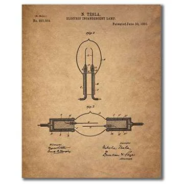 BigWig Prints Tesla Patent Wall Art - Vintage Nikola Tesla Blueprint Prints, Inventor Poster Set, Scientific Wall Decor for Home or Office, Historical Artwork - Unframed Set of 6 (8x10)