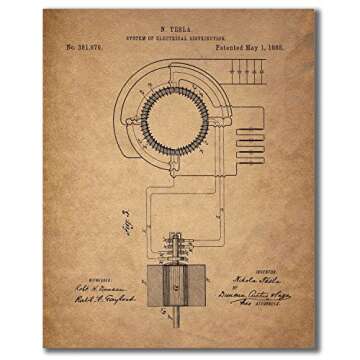 BigWig Prints Tesla Patent Wall Art - Vintage Nikola Tesla Blueprint Prints, Inventor Poster Set, Scientific Wall Decor for Home or Office, Historical Artwork - Unframed Set of 6 (8x10)