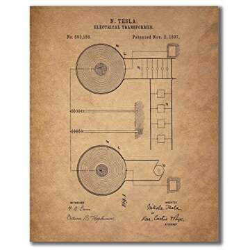 BigWig Prints Tesla Patent Wall Art - Vintage Nikola Tesla Blueprint Prints, Inventor Poster Set, Scientific Wall Decor for Home or Office, Historical Artwork - Unframed Set of 6 (8x10)